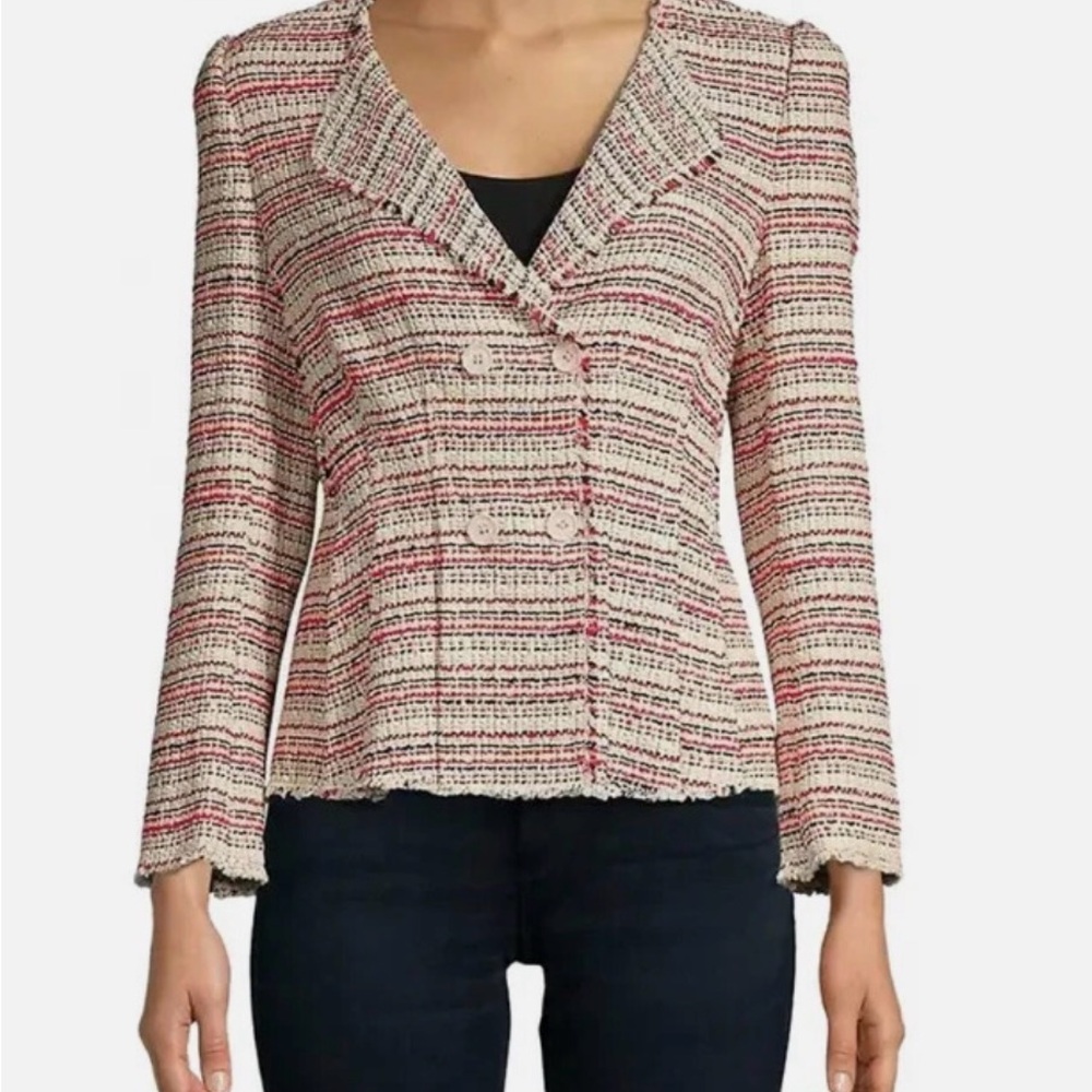 Rebecca Taylor Red and Pink Textured Knit Flare Striped Blazer Size 0 - Picture 4 of 7